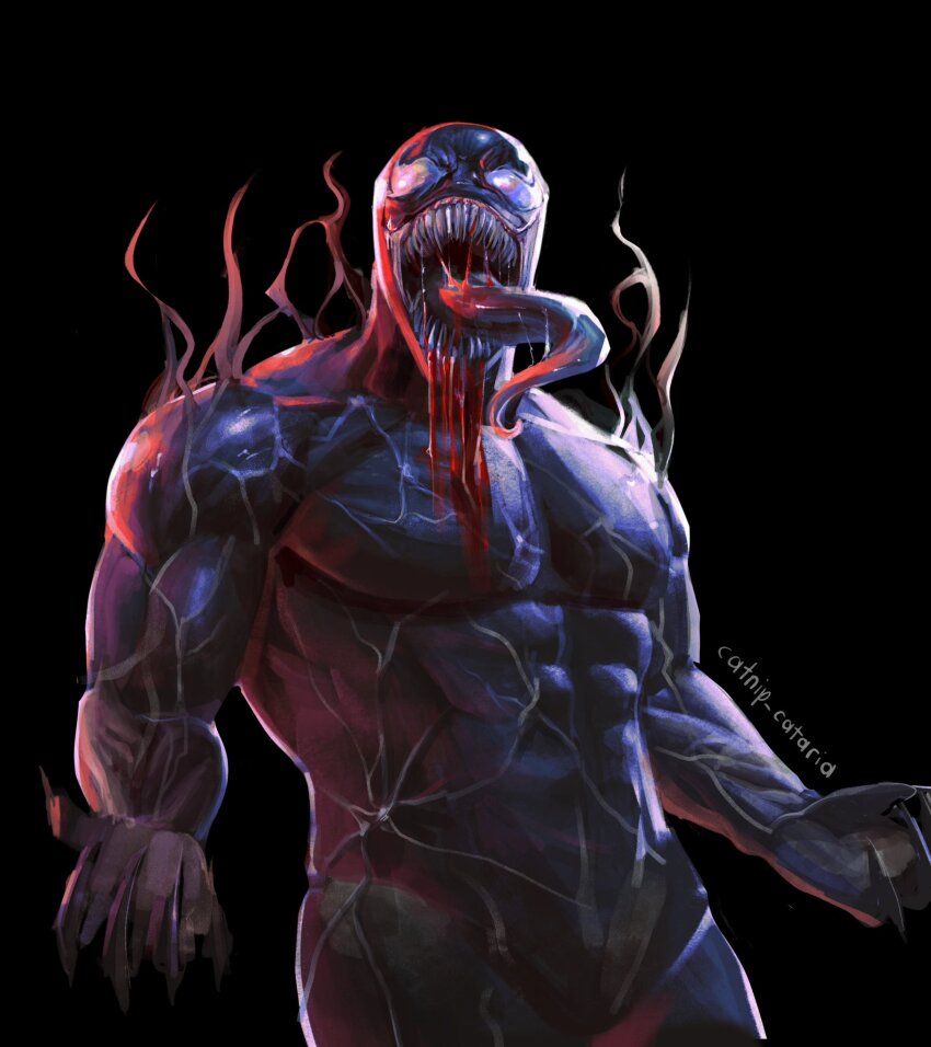 1boy abs backlighting bleeding blood blood_from_mouth broad_shoulders catnip_cataria claws cowboy_shot empty_eyes hands_up highres long_tongue looking_at_viewer male_focus marvel muscular muscular_male nude open_mouth pectorals saliva sharp_teeth solo strongman_waist teeth tentacles tongue veins venom_(marvel) very_long_tongue white_eyes
