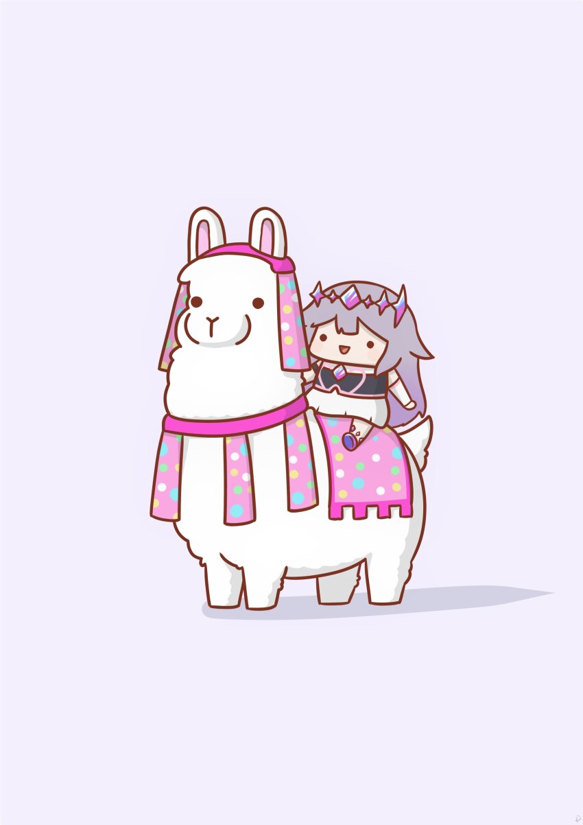 1girl :d absurdres alpaca animal blush_stickers chest_jewel chibi dress gem gradient_hair hair_flaps happy highres hololive hololive_english koseki_bijou koseki_bijou_(1st_costume) long_hair multicolored_hair open_mouth phdpigeon purple_hair riding saddle simple_background single_arm_guard smile solid_circle_eyes tiara virtual_youtuber white_background