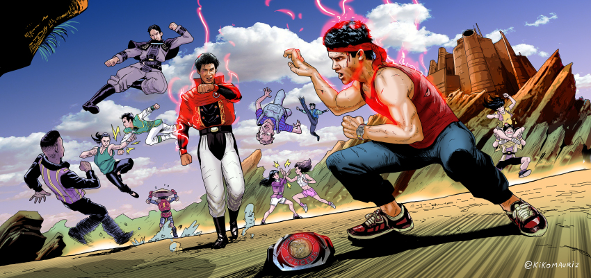 3girls 6+boys absurdres alpha_05 battle black_hair brown_eyes commentary crossover dark_skin dino_buckler dress hair_ribbon highres jason_lee_scott kikomauriz kimberly_ann_hart kyouryuu_sentai_zyuranger long_hair mei_(zyuranger) mighty_morphin_power_rangers multiple_boys multiple_girls ponytail power_rangers ribbon short_hair spanish_commentary super_sentai tagme tokusatsu tommy_oliver trini_kwan william_cranston yamato_zoku_prince_geki zachary_taylor