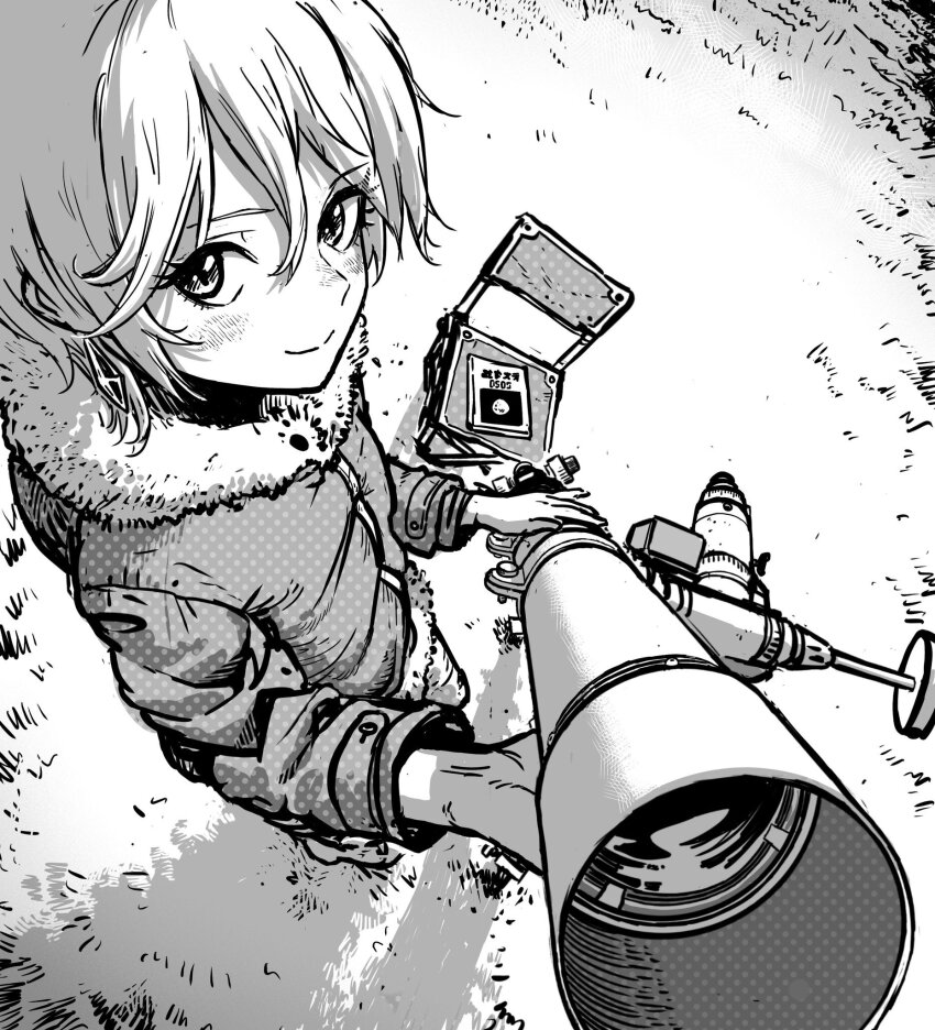 1girl blush chair closed_mouth from_above fur-trimmed_jacket fur_trim greyscale hair_between_eyes highres jacket long_sleeves looking_at_viewer monochrome omao original short_hair smile solo telescope