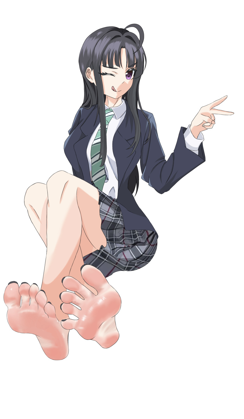 1girl ;q absurdres awa_subaru barefoot black_hair feet girls_band_cry highres long_hair looking_at_viewer mikasalibiya nail_polish one_eye_closed purple_eyes school_uniform soles toes tongue tongue_out v wink