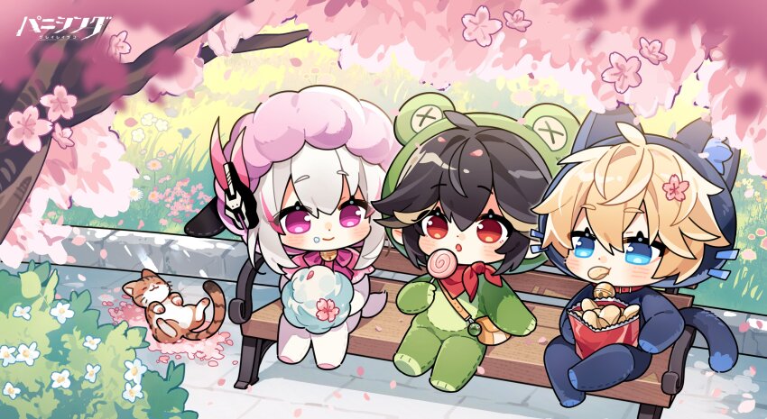 1boy 2girls absurdres animal_costume bell bench black_hair blonde_hair blue_eyes blush bow bowtie candy cat cherry_blossoms chibi chips_(food) collar costume food hair_between_eyes highres lee_(pgr) liv_(pgr) logo lollipop lucia:_pyroath_(pgr) lucia_(pgr) multicolored_hair multiple_girls neck_bell official_art on_bench outdoors pink_bow pink_bowtie pink_streaks punishing:_gray_raven purple_eyes red_eyes red_scarf scarf sitting tree two-tone_hair white_hair