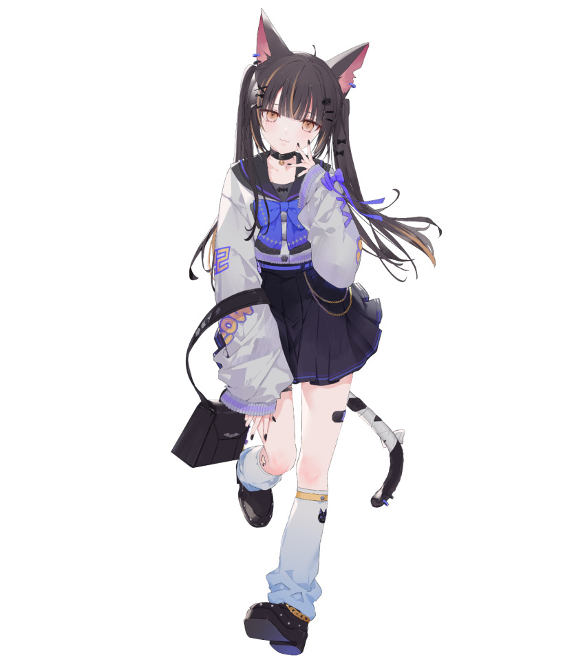 1girl ahoge animal_ear_piercing animal_ears arrow_hair_ornament bag bandaged_tail bandaid_on_thigh bell belt belt_collar black_bag black_bow black_collar black_nails black_sailor_collar black_shoes black_skirt blue_belt blue_bow blue_leg_warmers blunt_bangs blush bow brown_eyes brown_hair cat_ears cat_girl cat_hair_ornament cat_symbol cat_tail chain closed_mouth collar cross-laced_clothes cross-laced_sleeves fang fingernails fish_skeleton floating_hair full_body gold_chain gradient_legwear grey_jacket grey_leg_warmers hair_bow hair_ornament hair_over_shoulder hairclip hand_up handbag head_tilt highres holding holding_bag jacket jingle_bell leg_up leg_warmers long_hair long_sleeves looking_at_viewer miniskirt miu_akumiya multicolored_hair nail_polish neck_bell notched_ear official_art patch paw_print piercing pleated_skirt puffy_long_sleeves puffy_sleeves purple_bow purple_ribbon ribbon sailor_collar shoe_soles shoes sidelocks simple_background skin_fang skirt sleeve_bow sleeves_past_wrists solo specialite_(company) specialite_en standing standing_on_one_leg streaked_hair studded_footwear tail tail_ornament tail_piercing thick_eyelashes transparent_background twintails two-tone_hair virtual_youtuber x_hair_ornament yukisame