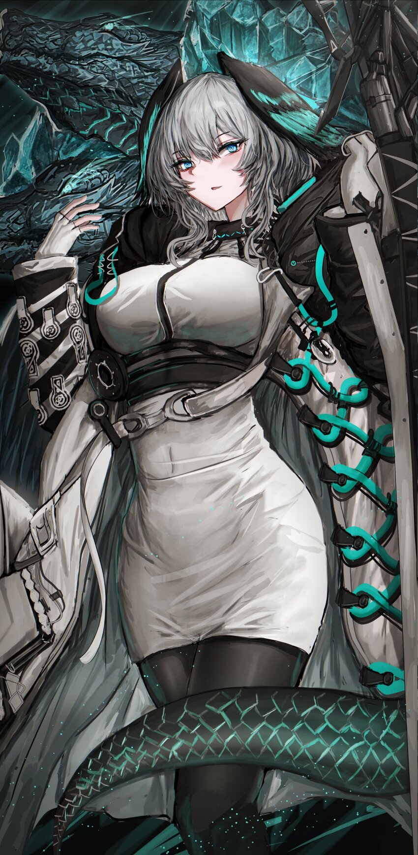 1girl absurdres aqua_eyes arknights between_breasts black_coat black_pantyhose breasts coat dragon dress feathered_wings feet_out_of_frame fingerless_gloves gloves grey_hair hair_between_eyes hand_up head_wings highres ho&#039;olheyak_(arknights) infection_monitor_(arknights) long_sleeves looking_at_viewer medium_hair multicolored_coat open_clothes open_coat pantyhose parted_lips pencil_dress snake_tail solo strap_between_breasts tail two-tone_coat vloodozer white_coat white_dress white_gloves wings