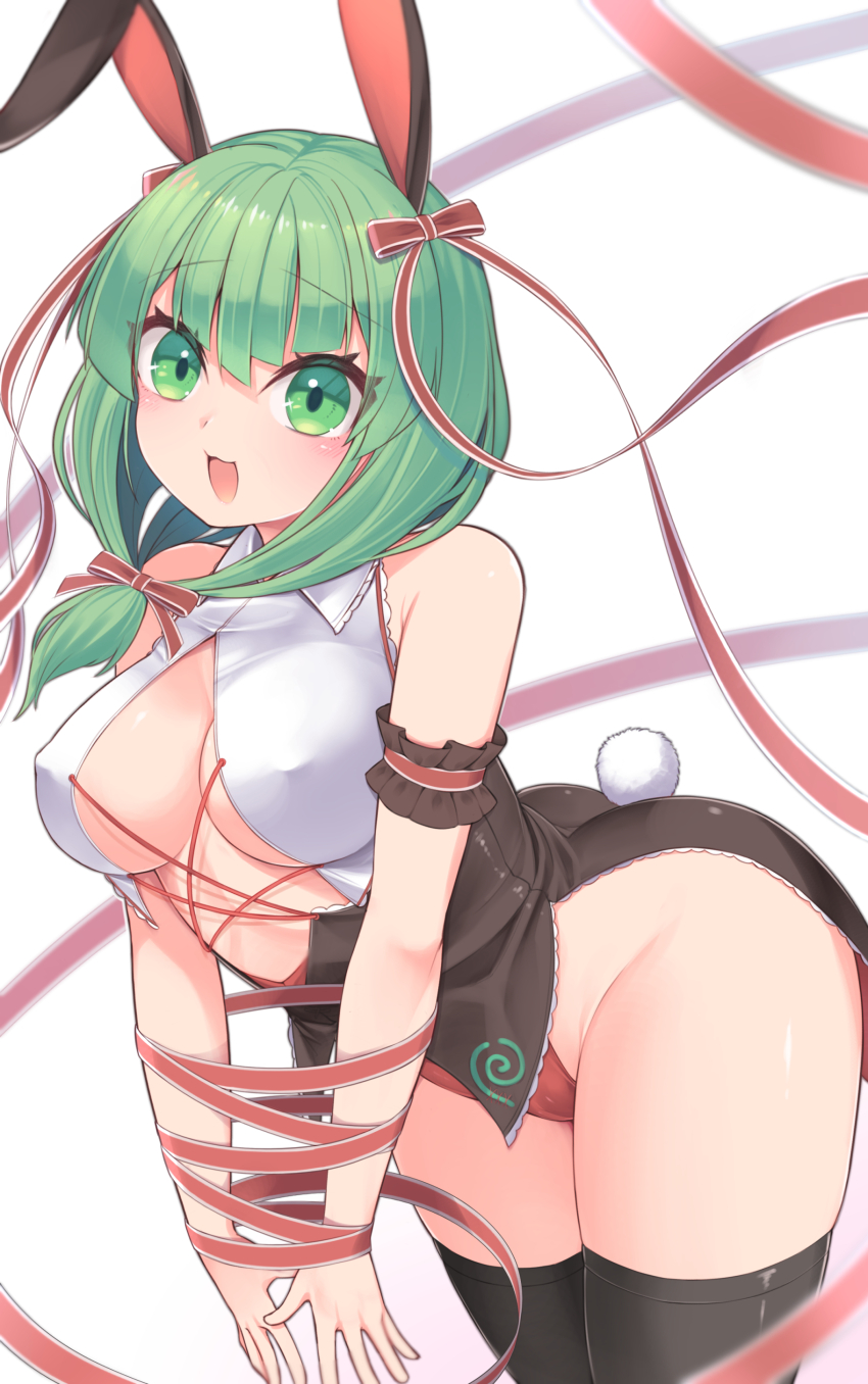 1girl absurdres animal_ears ass black_thighhighs bound bound_arms bow breasts cleavage cowboy_shot fake_animal_ears fake_tail front_ponytail green_eyes green_hair harunoha highres kagiyama_hina leotard looking_at_viewer open_mouth playboy_bunny red_bow red_ribbon ribbon solo tail thighhighs thighs touhou white_background