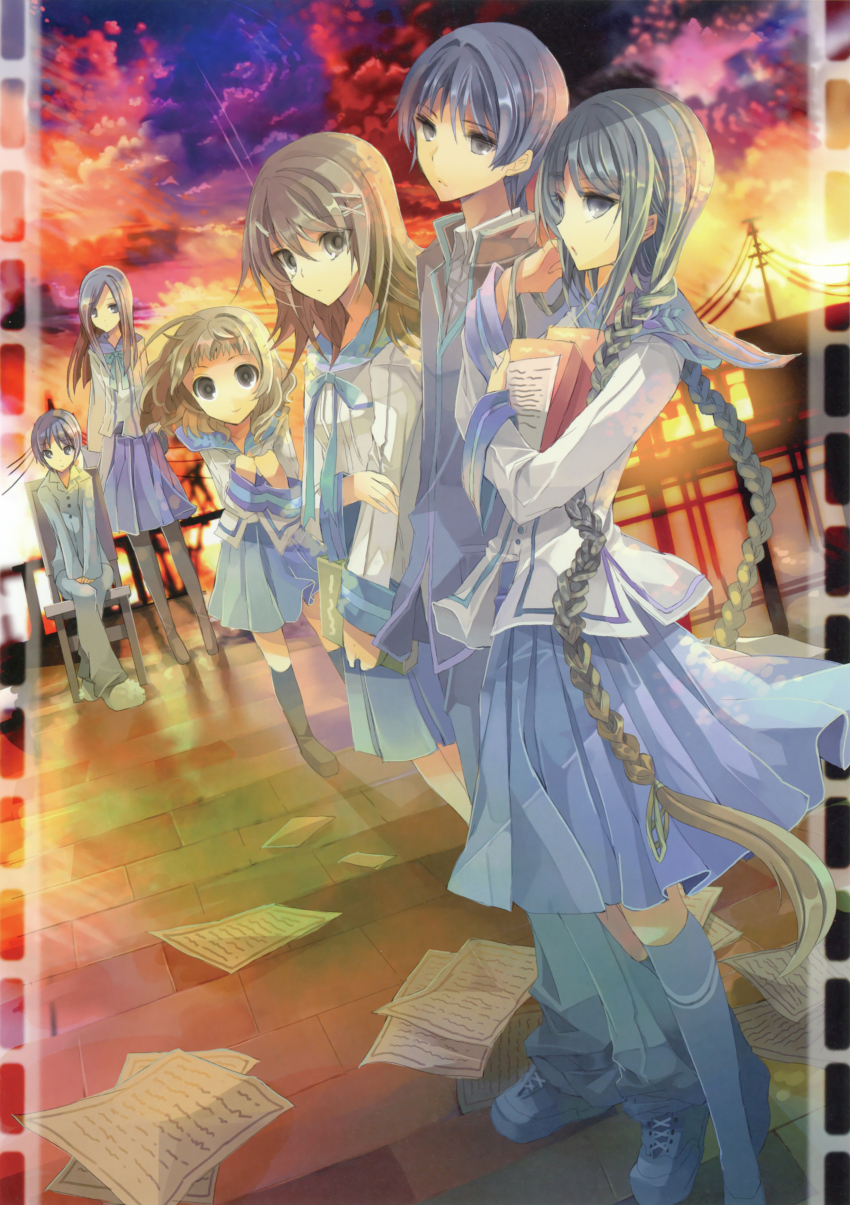 2boys 4girls absurdres amano_tooko black_hair blonde_hair book braid brown_hair bungaku_shoujo character_request fruit_punch hair_ornament hairpin highres image_sample inoue_konoha kotobuki_nanase long_hair multiple_boys multiple_girls school_uniform serafuku short_hair skirt smile sunset takeda_chia twin_braids