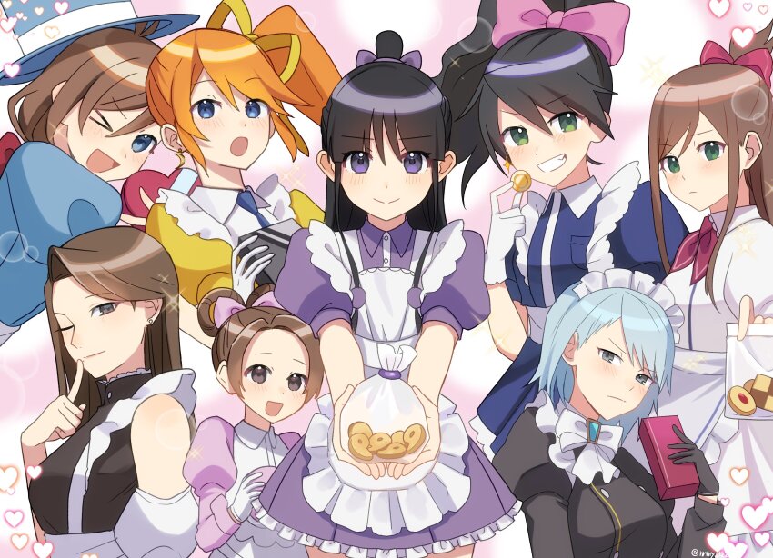 6+girls ace_attorney ace_attorney_investigations apron ascot athena_cykes bag black_dress black_gloves black_hair blue_dress blue_eyes blue_hair blue_hat blue_necktie bow box brown_eyes brown_hair buttons cookie detached_sleeves double-breasted dress ema_skye food franziska_von_karma frilled_dress frills gift gift_box gloves green_eyes grey_eyes hat heart high_ponytail highres holding holding_bag holding_cookie holding_food holding_gift juliet_sleeves kay_faraday long_hair long_sleeves looking_at_viewer magatama maid maid_apron maid_headdress maya_fey medium_hair mia_fey multiple_girls necktie nrmy_1228 one_eye_closed open_mouth orange_hair pearl_fey phoenix_wright:_ace_attorney_-_dual_destinies ponytail puffy_sleeves purple_bow purple_dress purple_eyes red_bow ribbon short_hair side_ponytail smile sparkle teeth trucy_wright twitter_username white_ascot white_gloves yellow_ribbon