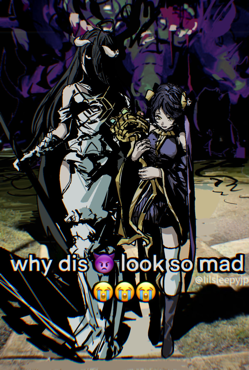 2girls ahoge albedo_(overlord) axe battle_axe character_request demon_girl demon_horns demon_wings dress green_eyes highres holding holding_axe holding_staff holding_weapon horns long_hair looking_at_viewer meme multiple_girls overlord_(maruyama) purple_dress shaded_face shikiro1212 staff very_long_hair weapon white_dress why_dis_ninja_look_so_mad_(meme) wings