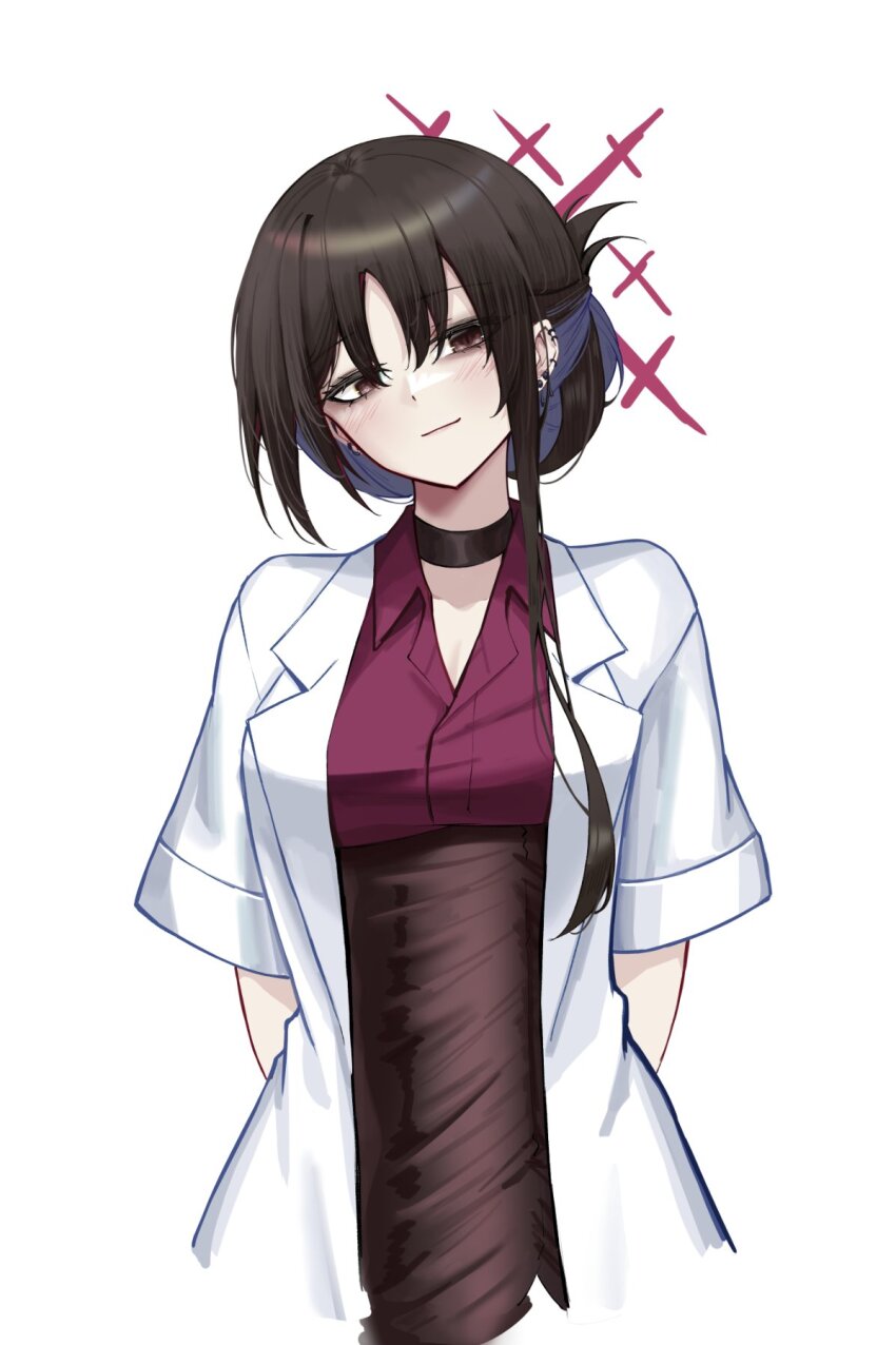 1girl aged_up alternate_hair_length alternate_hairstyle black_choker black_hair blue_archive blush breasts brown_eyes choker closed_mouth coat collared_shirt commentary_request cropped_torso ear_piercing earrings flipped_hair halo head_tilt highres jewelry long_hair looking_at_viewer medium_breasts misaki_(blue_archive) piercing red_shirt shirt short_sleeves simple_background solo sych1590 upper_body white_background white_coat