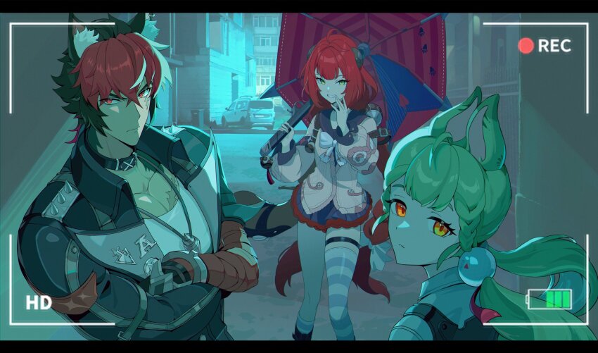 1boy 2girls ahoge alice_thymefield animal_ears black_choker black_sailor_collar black_skirt blonde_hair bow bowtie cardigan chest_bow choker crossed_arms dog_boy green_eyes hair_ornament highres jacket komano_manato leather leather_jacket like0629521 long_hair looking_at_viewer loose_thighhigh multicolored_hair multiple_girls multiple_scars muscular muscular_male orange_eyes outdoors pink_cardigan pom_pom_(clothes) pom_pom_hair_ornament recording red_eyes red_hair red_umbrella sailor_collar scar scar_across_eye scar_on_chest scar_on_face shirt short_hair skirt striped_clothes striped_thighhighs thigh_strap thighhighs twintails two-tone_hair ukinami_yuzuha umbrella viewfinder white_bow white_bowtie white_shirt zenless_zone_zero