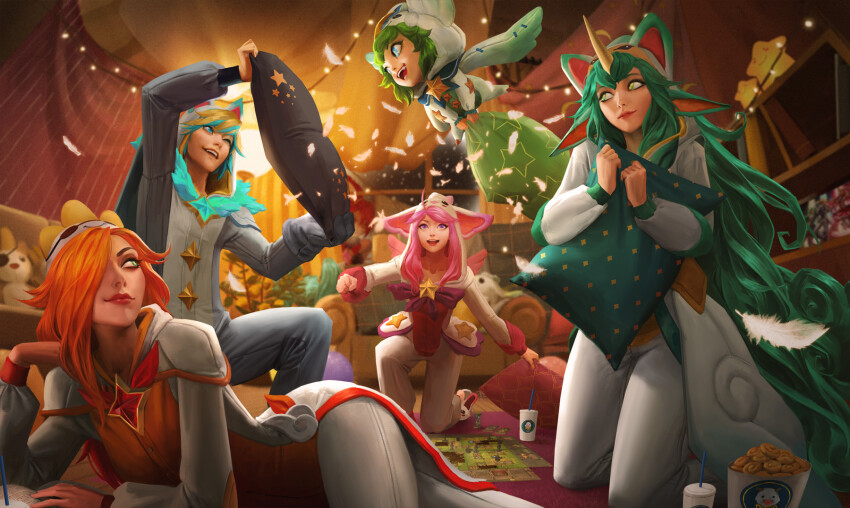1boy 4girls animal_ears animal_slippers blonde_hair blue_eyes blue_fur blue_hair blurry blurry_background board_game book bookshelf bubble_tea chair clenched_hand clenched_hands closed_mouth commentary cookie english_commentary ezreal fake_animal_ears falling_feathers feathers flying food fur-trimmed_collar fur_trim garland_(decoration) green_eyes green_hair green_pajamas grey_pajamas hair_between_eyes hair_over_one_eye hand_on_own_face head_tilt highres holding holding_pillow hood hooded_pajamas horns hugging_object indoors kneeling league_of_legends long_hair looking_at_another lulu_(league_of_legends) lux_(league_of_legends) lying medium_hair miss_fortune_(league_of_legends) multicolored_hair multiple_girls on_one_knee on_side one_eye_closed open_mouth orange_hair orange_pajamas pajama_guardian_ezreal pajama_guardian_lulu pajama_guardian_lux pajama_guardian_miss_fortune pajama_guardian_soraka pajamas parted_lips pillow pillow_grab pillow_hug pink_carpet pink_hair pink_pajamas pink_slippers sangsoo_jeong short_hair single_horn sleepover slippers smile soraka_(league_of_legends) star_(symbol) teeth two-tone_hair upper_teeth_only very_long_hair window wooden_floor