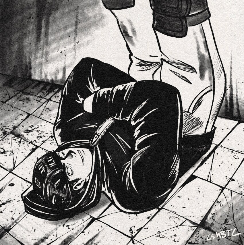 1boy aikawa_(dorohedoro) blood blood_on_ground comic_panel_redraw commentary crossed_arms csmbtc derivative_work dorohedoro english_commentary greyscale grin helmet highres hood inktober knee_pads legs_up long_sleeves looking_at_viewer lying male_focus monochrome on_back pants smile solo tile_floor tiles
