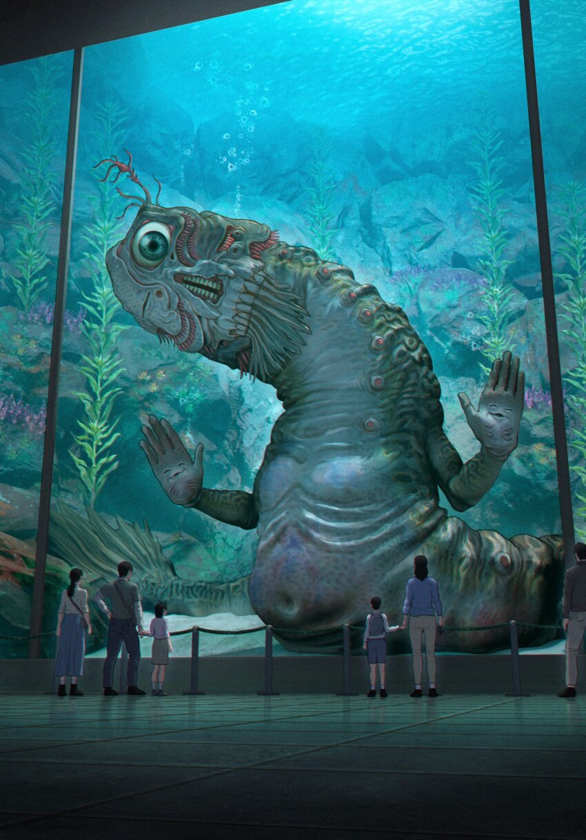 3boys 3girls against_glass aquarium belly blue_eyes bubble extra_faces eyeball fish from_behind gills hand_on_glass highres kiginobiru_(hayapi) monster multiple_boys multiple_girls navel original plant scenery stanchion standing teeth tile_floor tiles underwater very_wide_shot