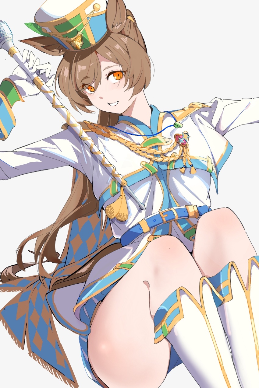 1girl animal_ears band_uniform blue_shorts brown_eyes brown_hair gloves grey_background hat highres horse_ears horse_girl long_hair looking_at_viewer marching_band_baton medium_hair official_alternate_costume shako_cap shorts simple_background smart_falcon_(luminous_twirler)_(umamusume) smart_falcon_(umamusume) solo thighs uki_kumo umamusume white_gloves
