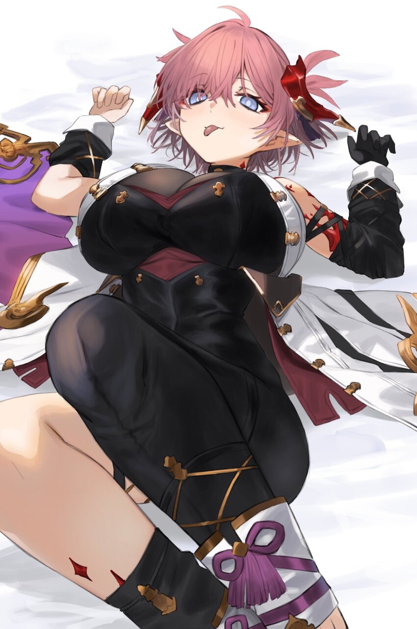 1girl asymmetrical_clothes asymmetrical_legwear asymmetrical_sleeves black_gloves blue_eyes breasts chichiri_(granblue_fantasy) coat draph ganesagi gloves granblue_fantasy hair_ornament highres horns large_breasts on_bed red_hair red_horns single_glove single_pantsleg sleeveless sleeveless_coat solo tassel tassel_hair_ornament tongue tongue_out