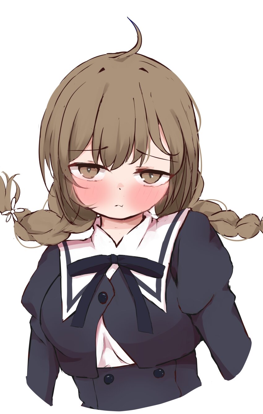 1girl :t absurdres ahoge arms_at_sides assault_lily black_ribbon black_skirt blush braid breasts brown_eyes brown_hair buttons chitonimu cropped_arms cropped_jacket cropped_torso flower hair_flower hair_ornament high-waist_skirt highres juliet_sleeves long_hair long_sleeves looking_at_viewer low_twin_braids low_twintails medium_breasts neck_ribbon puffy_sleeves raised_eyebrows ribbon rokkaku_shiori school_uniform shirt simple_background skirt solo twin_braids twintails upper_body wavy_mouth white_background white_flower white_shirt yurigaoka_girls_academy_school_uniform