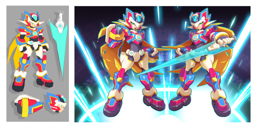 1boy 1girl aile_(mega_man_zx) arm_cannon armor biometal black_bodysuit blue_helmet bodysuit bodysuit_under_clothes cropped_jacket crotch_plate energy_blade energy_sword green_eyes hacking helmet highres holding holding_sword holding_weapon jacket long_hair looking_at_viewer mega_man_(series) mega_man_zx mega_man_zx_advent model_x_(mega_man) model_z_(mega_man) model_zx_(mega_man) ponytail power_armor red_armor red_helmet redesign robot_ears shorts spandex sword ultimatemaverickx vent_(mega_man) weapon white_helmet z_saber