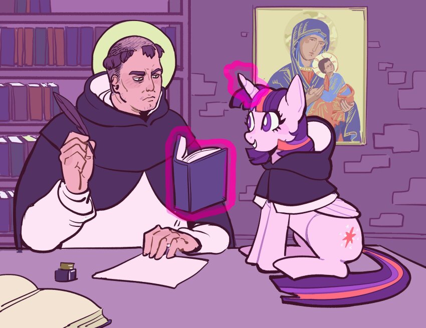 1boy 1girl angry black_cape book bookshelf brown_hair cape christian_mythology desk floating halo highres hood hood_down horns ink inkwell jesus levitation long_hair monk multicolored_hair my_little_pony my_little_pony:_friendship_is_magic outdoors paper pink_hair priest purple_eyes purple_hair quill robe single_horn smile streaked_hair thomas_aquinas toffee_32 tonsure twilight_sparkle virgin_mary white_robe wide_sleeves