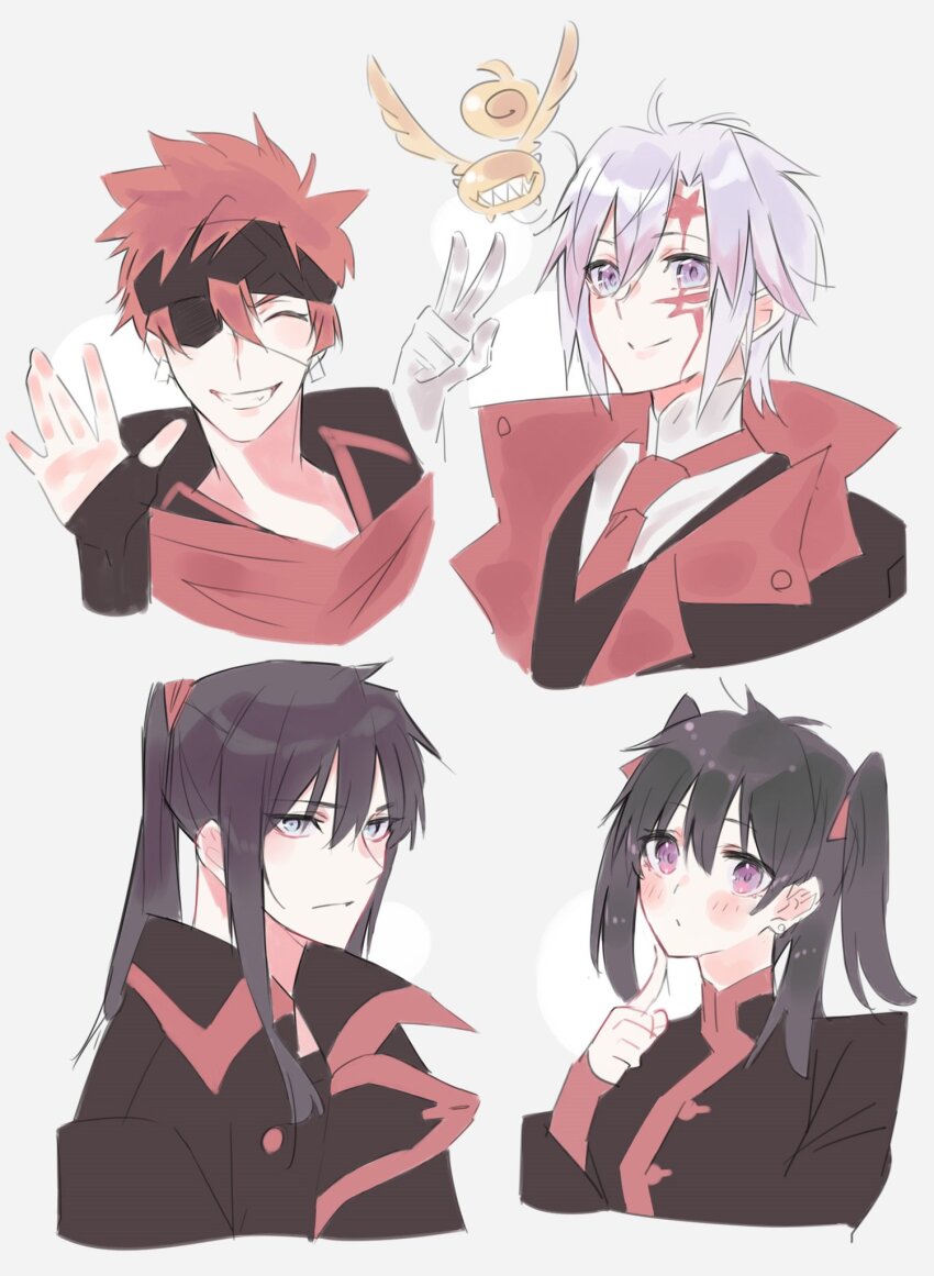 1girl 3boys ahoge allen_walker antenna_hair black_coat black_headband black_order_uniform black_shirt black_vest black_wrist_cuffs blue_eyes blush closed_eyes coat collared_coat creature d.gray-man earrings eyepatch facial_mark george_man gloves golem_(d.gray-man) green_hair grey_background grin hair_between_eyes hair_ribbon hand_on_own_chin headband high_ponytail highres hoop_earrings jewelry kanda_yuu lavi lenalee_lee looking_at_viewer medium_hair military military_uniform multiple_boys necktie one_eye_covered orange_hair pink_eyes ponytail purple_eyes purple_hair red_necktie red_ribbon red_scarf red_stripes red_wrist_cuffs ribbon scar scar_on_face scarf sharp_teeth shirt sidelocks single_glove smile star_(symbol) star_facial_mark striped_coat tail teeth timcanpy two_side_up v vest waving white_gloves white_hair white_shirt wings wrist_cuffs
