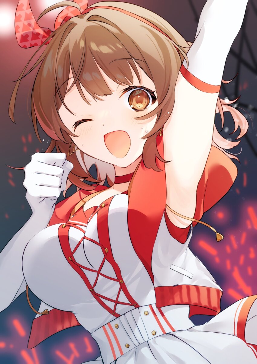 1girl ahoge arm_up armpits blurry blurry_background blush bow breasts brown_hair choker clenched_hand dot_nose dress earrings elbow_gloves flying_sweatdrops food food-themed_earrings gakuen_idolmaster gloves glowstick gradient_hair hair_bow hairband hanami_ume hand_up highres idolmaster jacket jewelry large_breasts looking_at_viewer matsuzaka_(matsuzakagyu_29) multicolored_hair multicolored_jacket one_eye_closed onigiri open_clothes open_jacket open_mouth red_bow red_choker red_dress red_hair red_hairband red_jacket red_trim skirt smile solo stage stage_lights the_rolling_riceball_(idolmaster) two-tone_dress two-tone_jacket white_dress white_gloves white_jacket white_skirt
