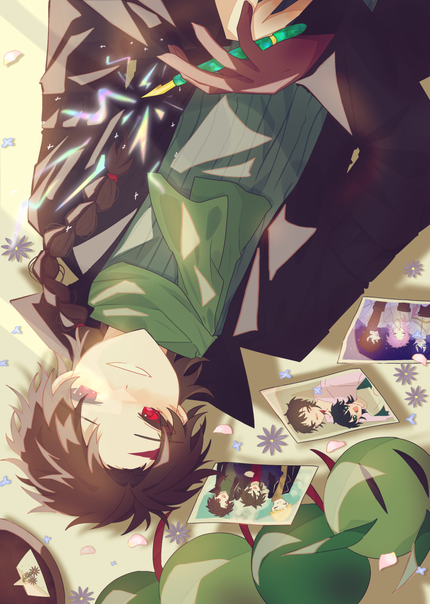 1boy absurdres aqua_sweater atou_haruki black_jacket braid brown_hair commentary_request green_scarf harada_minoru hatsutori_hajime highres hikyaku_same holding holding_pen isoi_rai isoi_reiji isoi_reiji_(rei-kun) jacket long_sleeves lying male_focus on_back open_clothes open_jacket pen photo_(object) ribbed_sweater saibou_shinkyoku scar scar_on_face scar_on_forehead scarf side_braid single_braid smile solo stuffed_animal stuffed_toy sweater utsugi_noriyuki