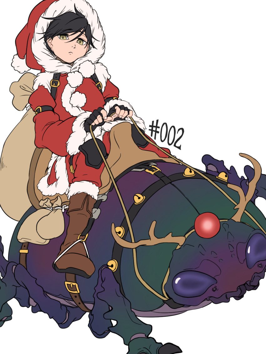 1girl antlers bag beetle bell belt black_hair boots brown_bag brown_footwear bug cosplay gloves hat highres horns insect jingle_bell mefomefo nose numbered original red_nose reindeer_antlers reins rudolph_the_red_nosed_reindeer rudolph_the_red_nosed_reindeer_(cosplay) saddle santa_costume santa_gloves santa_hat short_hair white_background yellow_eyes