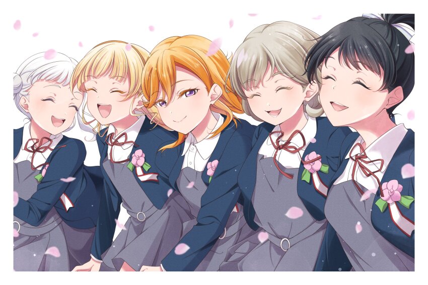 5girls :d ^_^ arashi_chisato arched_bangs black_hair blonde_hair blunt_bangs border closed_eyes closed_mouth commentary_request cowboy_shot double_bun flower_pin graduation grey_hair hair_bun hairband half-closed_eyes hazuki_ren heanna_sumire high_ponytail highres light_particles lone_nape_hair long_hair looking_at_viewer love_live! love_live!_superstar!! multiple_girls nico_ron_nico no_neckwear open_mouth orange_hair parted_bangs ponytail purple_eyes red_hairband shibuya_kanon short_hair smile tang_keke teeth twintails upper_teeth_only white_border white_hair