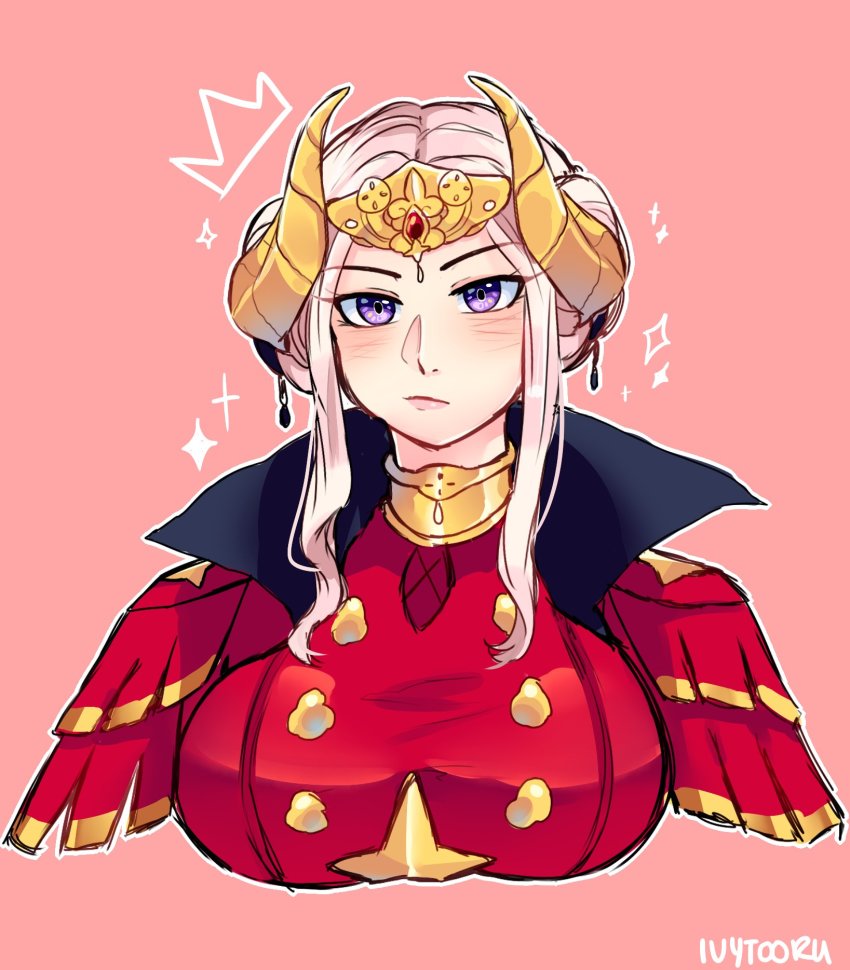 1girl artist_name breasts commentary double_bun edelgard_von_hresvelg edelgard_von_hresvelg_(timeskip) english_commentary fire_emblem fire_emblem:_three_houses hair_bun hair_ornament highres ivytooru large_breasts looking_at_viewer nintendo pink_background purple_eyes simple_background solo upper_body watermark white_hair
