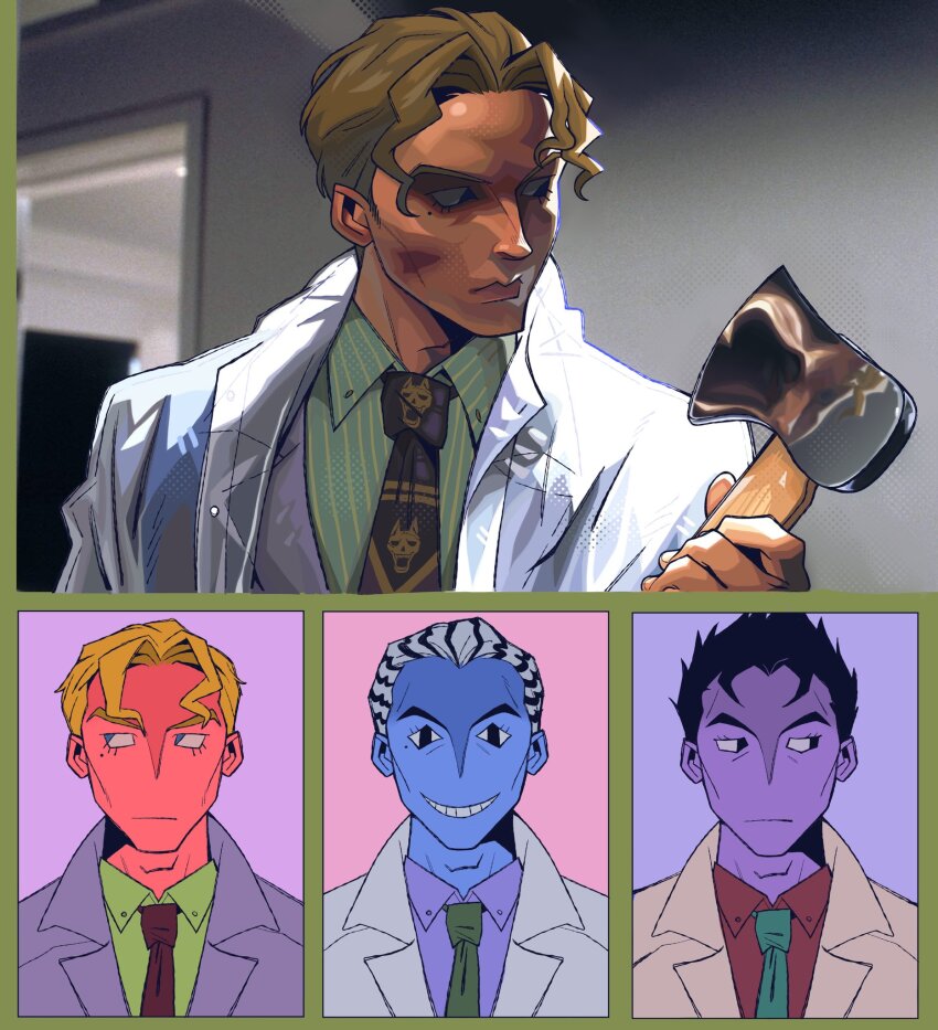 american_psycho axe black_hair blonde_hair coat diamond_wa_kudakenai dreadlocks formal_clothes highres jojo_no_kimyou_na_bouken kira_yoshikage kuyashiz male_focus multiple_persona patrick_bateman pinstripe_pattern pinstripe_shirt purple_suit shirt suit