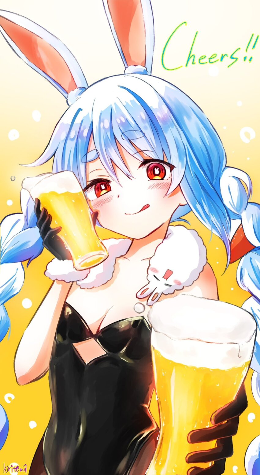 1girl :q alcohol animal_ear_fluff animal_ears bare_shoulders beer black_gloves black_leotard blue_hair blush braid breasts brown_pantyhose carrot_hair_ornament cleavage closed_mouth commentary covered_navel cup don-chan_(usada_pekora) drinking_glass food-themed_hair_ornament fur-trimmed_gloves fur_trim gloves hair_ornament hand_up highres holding holding_cup hololive kiritoma leotard looking_at_viewer pantyhose rabbit-shaped_pupils rabbit_ears red_eyes signature small_breasts smile solo strapless strapless_leotard symbol-shaped_pupils tongue tongue_out twin_braids twintails usada_pekora virtual_youtuber white_hair yellow_background