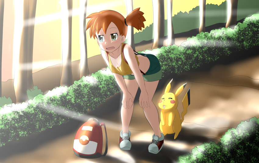 1girl absurdres asymmetrical_hair blush breasts denim denim_shorts gen_1_pokemon green_eyes green_shorts highres kakkii legs looking_at_another misty_(pokemon) navel nintendo nipples orange_hair pikachu pokemon pokemon_(anime) pokemon_(classic_anime) pokemon_(creature) ponytail shirt shoes short_shorts shorts side_ponytail smile sun suspenders takaya_n tank_top thighs yellow_shirt yellow_tank_top
