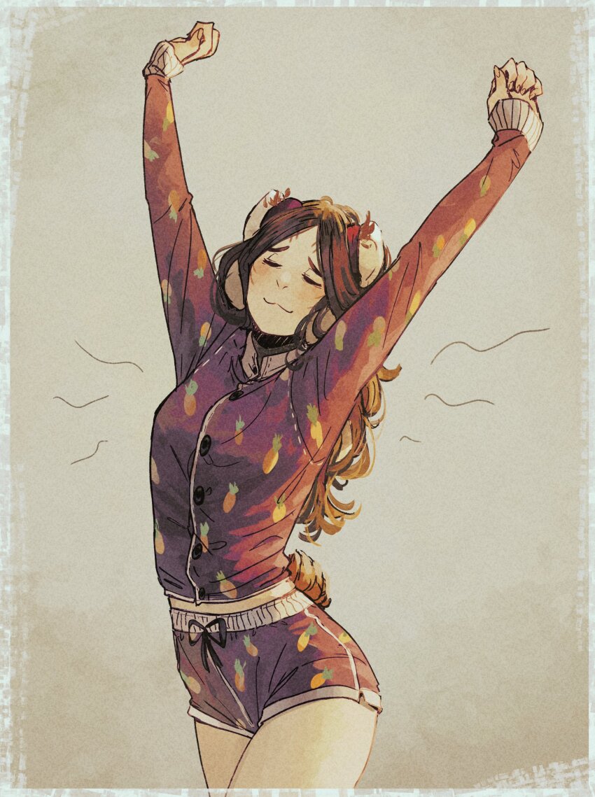1girl absurdres alternate_costume animal_ears armor brown_fur brown_hair carrot_print closed_eyes facing_viewer fire_emblem fire_emblem_awakening food_print hair_around_ear highres nintendo panne_(fire_emblem) purple_armor rabbit_ears rabbit_girl solo spindle_(aidenr0) stretching taguel