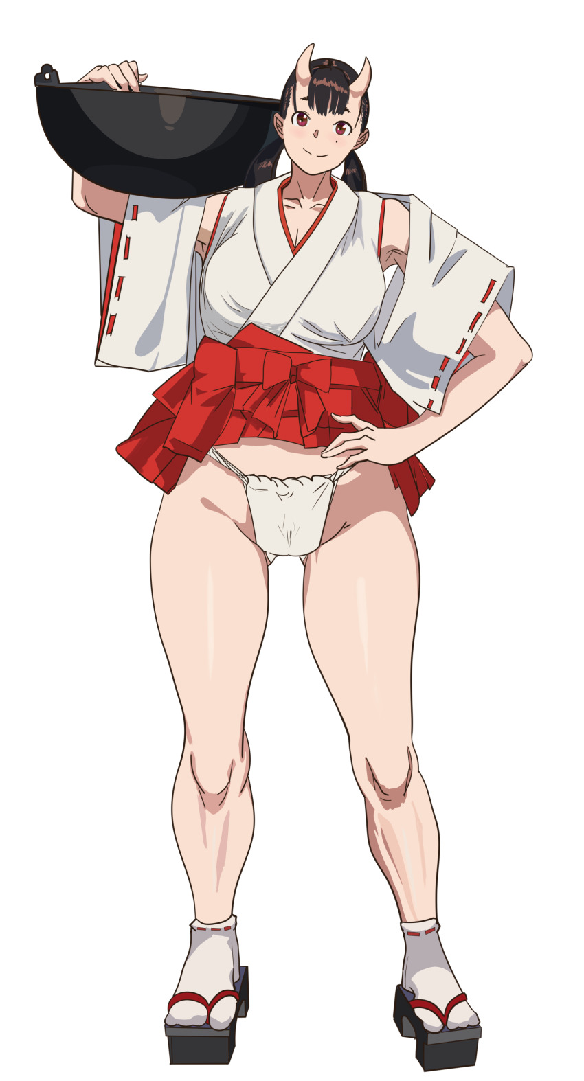 1girl absurdres anigoka black_hair carrying dungeon_meshi full_body fundoshi geta hand_on_own_hip highres holding horns inutade japanese_clothes looking_at_viewer miko mole mole_under_eye red_eyes ribbon-trimmed_sleeves ribbon_trim shoulder_carry skin-covered_horns smile socks solo white_socks wide_sleeves wok