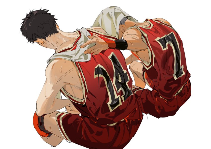 2boys atie1225 bare_shoulders basketball_jersey basketball_uniform black_hair hand_on_another&#039;s_shoulder highres male_focus mitsui_hisashi miyagi_ryouta multiple_boys red_tank_top sitting slam_dunk_(series) sportswear sweat tank_top towel towel_on_head