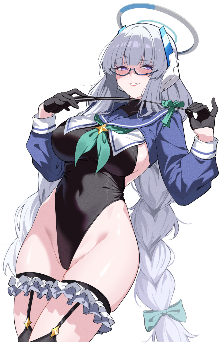1girl absurdres aqua_neckerchief black_gloves black_leotard blue_archive blue_sailor_collar blue_shrug braid breasts cosplay gloves half_gloves halo hands_up headgear highleg highleg_leotard highres holding holding_riding_crop large_breasts leotard long_hair long_sleeves looking_at_viewer low_twin_braids mechanical_halo neckerchief noa_(blue_archive) purple_eyes reia_76 riding_crop sailor_collar shimiko_(blue_archive) shimiko_(blue_archive)_(cosplay) shimiko_(magical)_(blue_archive) shrug_(clothing) simple_background smile solo super_highleg thick_thighs thighs twin_braids very_long_hair white_background white_hair white_halo