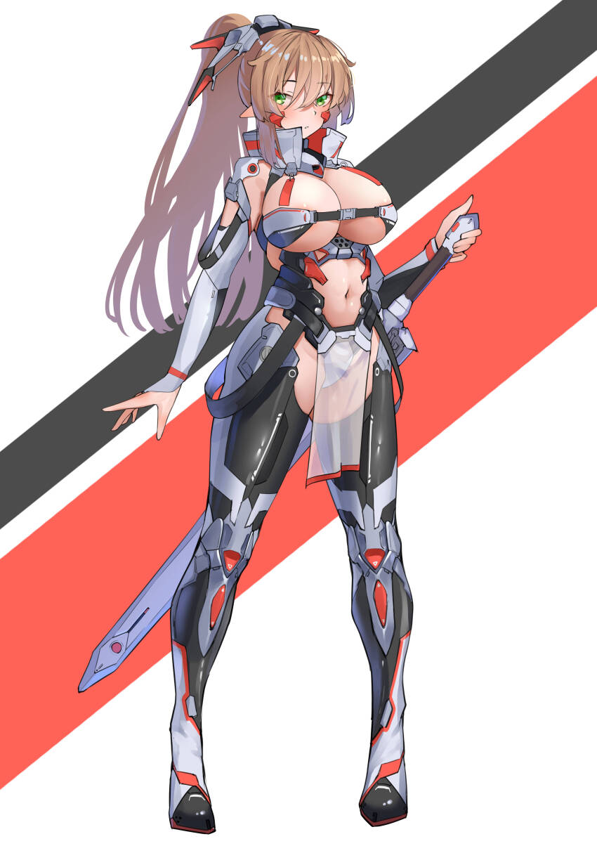 1girl absurdres android armor bikini_armor blush breasts brown_hair cleavage commission full_body green_eyes hair_between_eyes highres holding holding_sword holding_weapon large_breasts long_hair looking_at_viewer navel original pelvic_curtain pointy_ears ponytail revealing_clothes ringobatake see-through_clothes skeb_commission solo standing sword thighhighs two-tone_background variant_set weapon