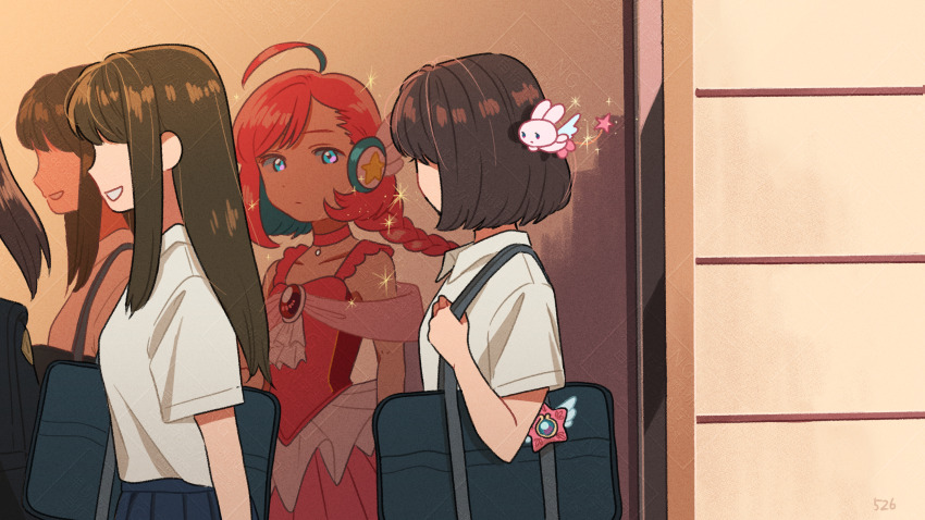 3girls ahoge bag bag_charm black_skirt bob_cut braid brown_hair charm_(object) choker collarbone commentary creature different_reflection dress flying highres kojiro337 long_hair magical_girl mirror multiple_girls original pleated_skirt red_choker red_dress red_hair reflection school_uniform shirt short_hair shoulder_bag skirt sparkle white_shirt