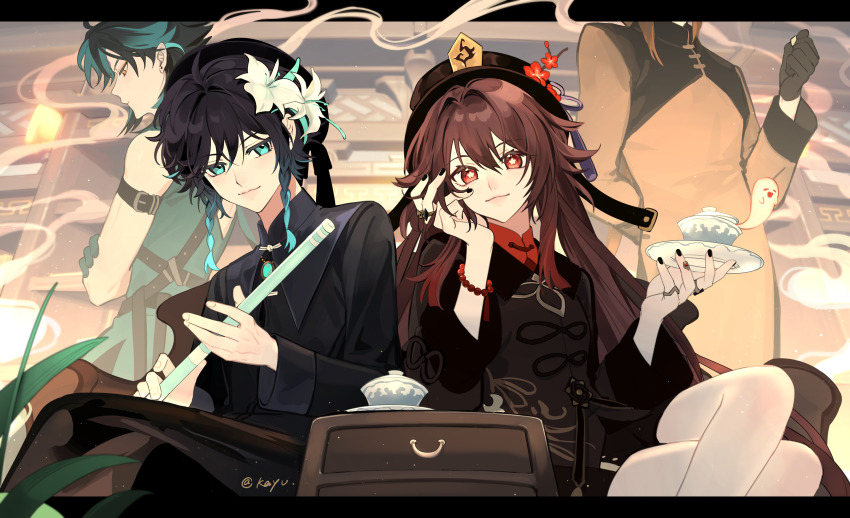 1girl 3boys :3 absurdres alternate_costume aqua_hair arm_behind_back arm_belt bead_bracelet beads beret black_gloves black_hair black_headwear black_jacket black_nails black_robe black_shorts boo_tao_(genshin_impact) bracelet braid bright_pupils brown_hair brown_robe changpao chinese_clothes chinese_commentary clenched_hand closed_mouth couch crossed_arms crossed_legs cup drawer earrings elbow_rest expressionless feet_out_of_frame flower flower-shaped_pupils flute genshin_impact ghost gloves gradient_hair green_eyes green_gloves green_robe hair_between_eyes hair_flower hair_intakes hair_ornament harness hat hat_flower hat_tassel head_out_of_frame head_rest highres holding holding_instrument holding_saucer hu_tao_(genshin_impact) indoors instrument jacket jewelry kayu_(yukagoin) letterboxed lid light_particles lips long_hair long_sleeves looking_at_viewer multicolored_hair multiple_boys multiple_rings nail_polish necklace outside_border plant plum_blossoms porkpie_hat profile red_eyes red_shirt ring robe saucer shelf shirt short_hair short_shorts shorts side_braids sitting sleeveless smile smoke standing streaked_hair stud_earrings symbol-shaped_pupils thumb_ring twintails venti_(genshin_impact) white_flower white_pupils xiao_(genshin_impact) yellow_eyes zhongli_(genshin_impact)