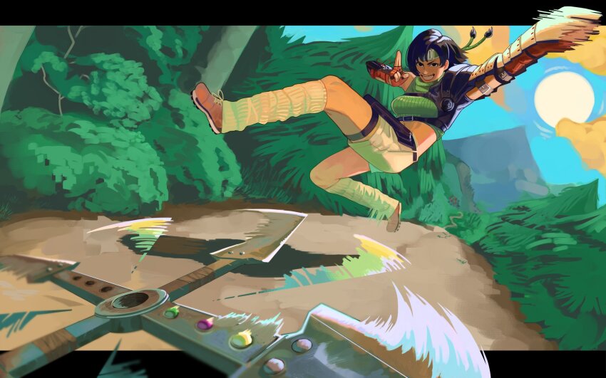 1girl armor black_border black_eyes blue_sky blush boots border breasts brown_boots brown_gloves brown_hair brown_shorts brown_socks chest_harness commentary commission crop_top cropped_sweater english_commentary final_fantasy final_fantasy_vii final_fantasy_vii_remake fingerless_gloves floating_hair foliage forehead_protector forest gloves green_headband green_sweater grin harness headband highres huge_weapon incoming_attack jumboiiii jumping letterboxed looking_at_viewer loose_socks materia medium_breasts midriff motion_blur motion_lines mountain mountainous_horizon nature nose_blush outside_border paid_reward_available path pauldrons pine_tree pouch ribbed_sweater road salute second-party_source short_hair shorts shoulder_armor shuriken single_bare_shoulder single_pauldron sky sleeveless sleeveless_turtleneck smile socks solo spinning sun sweater thigh_pouch thigh_strap throwing tree turtleneck two-finger_salute v-shaped_eyebrows weapon yuffie_kisaragi