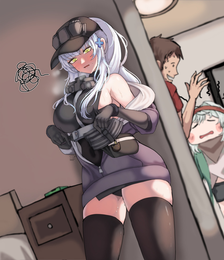 1boy 2girls absurdres adjusting_clothes adjusting_leotard bare_shoulders black_gloves black_leotard blush breasts brown_hair clothes_pull commander_(girls&#039;_frontline) covered_navel cross g11_(girls&#039;_frontline) girls&#039;_frontline girls&#039;_frontline_2:_exilium gloves gomsang-oh green_eyes hair_ornament hairclip half-closed_eyes hands_up highres hk416_(girls&#039;_frontline) indoors iron_cross jacket jacket_pull klukai_(girls&#039;_frontline_2) leotard long_hair magazine_(weapon) mechty_(girls&#039;_frontline_2) multiple_girls open_clothes open_jacket partially_unzipped ponytail purple_jacket sideboob skin_tight solo_focus thighhighs very_long_hair white_hair