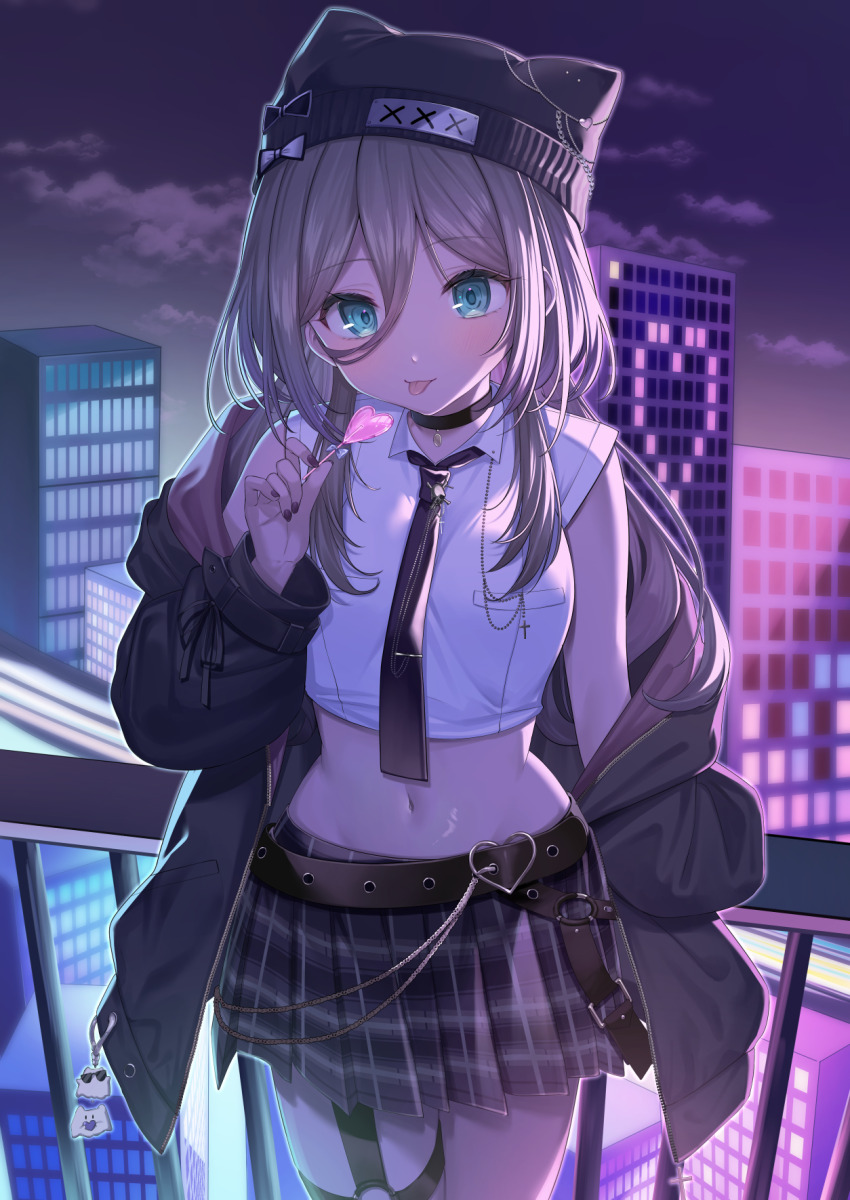 1girl against_railing animal_hat beanie belly_chain belt black_choker black_hat black_jacket black_nails black_necktie bow building candy cat_hat choker collared_shirt cropped_shirt food green_eyes grey_hair hat hat_bow heart heart-shaped_food heart-shaped_lollipop heart_o-ring highres holding holding_candy holding_food holding_lollipop jacket jewelry kaga_sumire kaga_sumire_(2nd_costume) lollipop long_hair lupinus_virtual_games midriff miniskirt navel necktie night night_sky o-ring o-ring_thigh_strap off_shoulder plaid_clothes plaid_skirt pleated_skirt railing rooftop shaped_lollipop shinomiya_ino shirt skirt sky sleeveless sleeveless_shirt solo square-end_necktie studded_belt thigh_strap tie_clip tongue tongue_out virtual_youtuber vspo! white_shirt