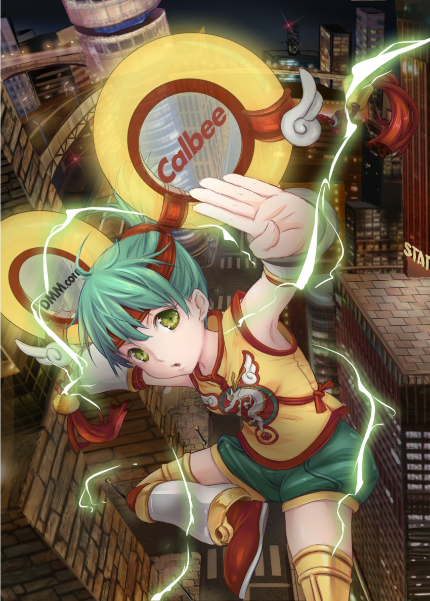 10s 1girl :o building detached_sleeves dragon_kid female_focus green_eyes green_hair headband highres hpflower huang_baoling long_hair looking_at_viewer matching_hair/eyes outstretched_arms short_hair shorts skyscraper solo sparks superhero_costume tiger_&amp;_bunny