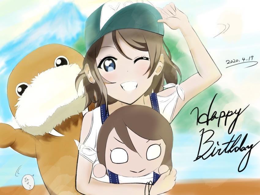 1girl artist_name artist_request bare_shoulders blue_eyes blue_sky blush bracelet character_doll cloud cowboy_shot female_focus green_hat grey_hair hand_wave hat highres holding jewelry light_brown_hair looking_at_viewer love_live! love_live!_sunshine!! marukana_seimen off-shoulder_shirt off_shoulder one_eye_closed outdoors parted_lips shira_sh1ra shirt short_hair sky smile solo stuffed_toy walrus watanabe_you white_shirt