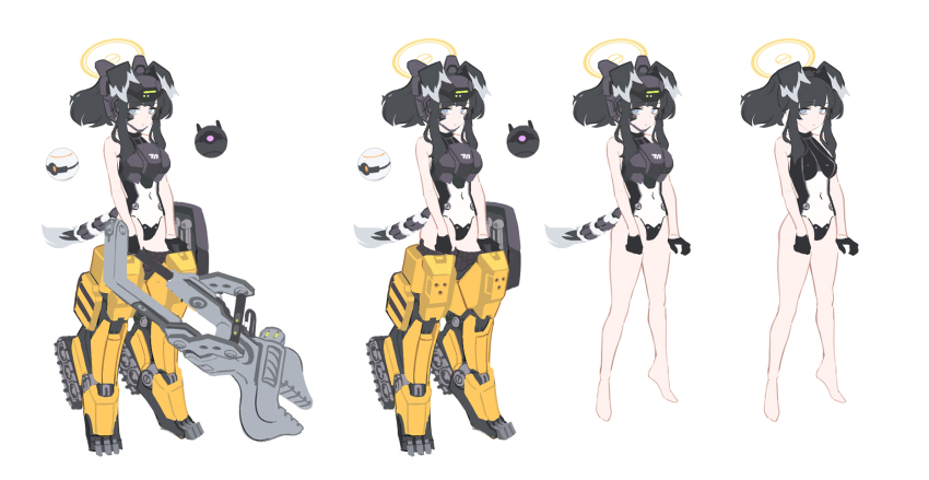 1girl alternate_costume animal_ears armor barefoot black_hair blue_archive breastplate breasts concept_art dog_ears dog_tail drone full_body gloves halo headgear hibiki_(blue_archive) highres holding leotard long_hair machinery mecha_musume mechanical_legs mimitoke multiple_views robot simple_background small_breasts standing tail white_background wrench