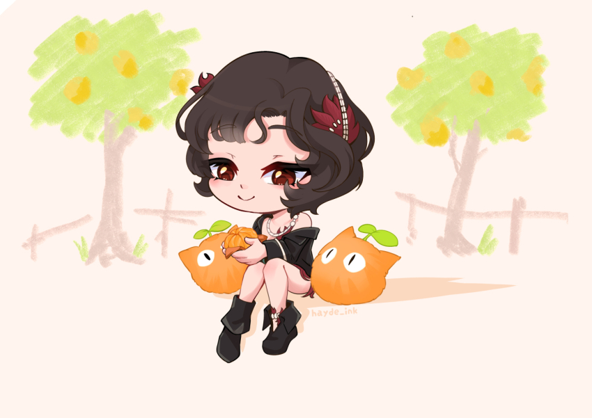 1girl ankle_boots black_boots black_hair boots carbuncle_(reverse:1999) chibi child&#039;s_drawing coat dress feather_dress feather_hair_ornament feathers food fruit hair_ornament hairband hayde_ink orange_(fruit) orange_tree peeling red_dress red_eyes reverse:1999 schneider_(reverse:1999) short_hair single_bare_shoulder single_off_shoulder sitting smile solo tree twitter_username white_coat white_hairband yellow_background