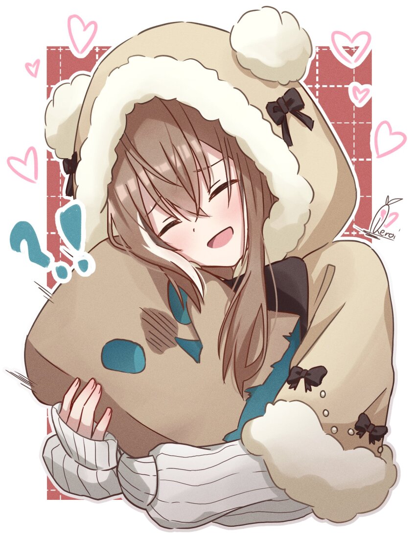 !? 1girl animal_ears animal_hood bear_ears bear_hood black_hair blush border brown_capelet brown_hair capelet commentary cropped_torso crossed_bangs daikon_keroi friend_(nanashi_mumei) fur-trimmed_capelet fur_trim hair_between_eyes heart highres hololive hololive_english hood hood_up hooded_capelet hug long_sleeves multicolored_hair nanashi_mumei nanashi_mumei_(casual) official_alternate_costume open_mouth outside_border puffy_long_sleeves puffy_sleeves signature sleeves_past_wrists smile solo streaked_hair symbol-only_commentary virtual_youtuber white_border white_hair
