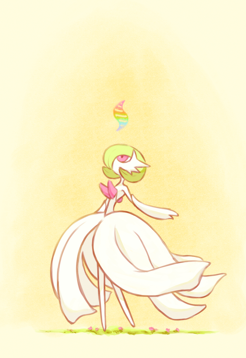 absurdres colored_skin commentary_request enzan_(midori_t0905) flipped_hair full_body gardevoir gen_3_pokemon green_hair highres looking_up mega_gardevoir mega_pokemon nintendo pink_eyes pokemon pokemon_(creature) short_hair solo standing white_skin yellow_background