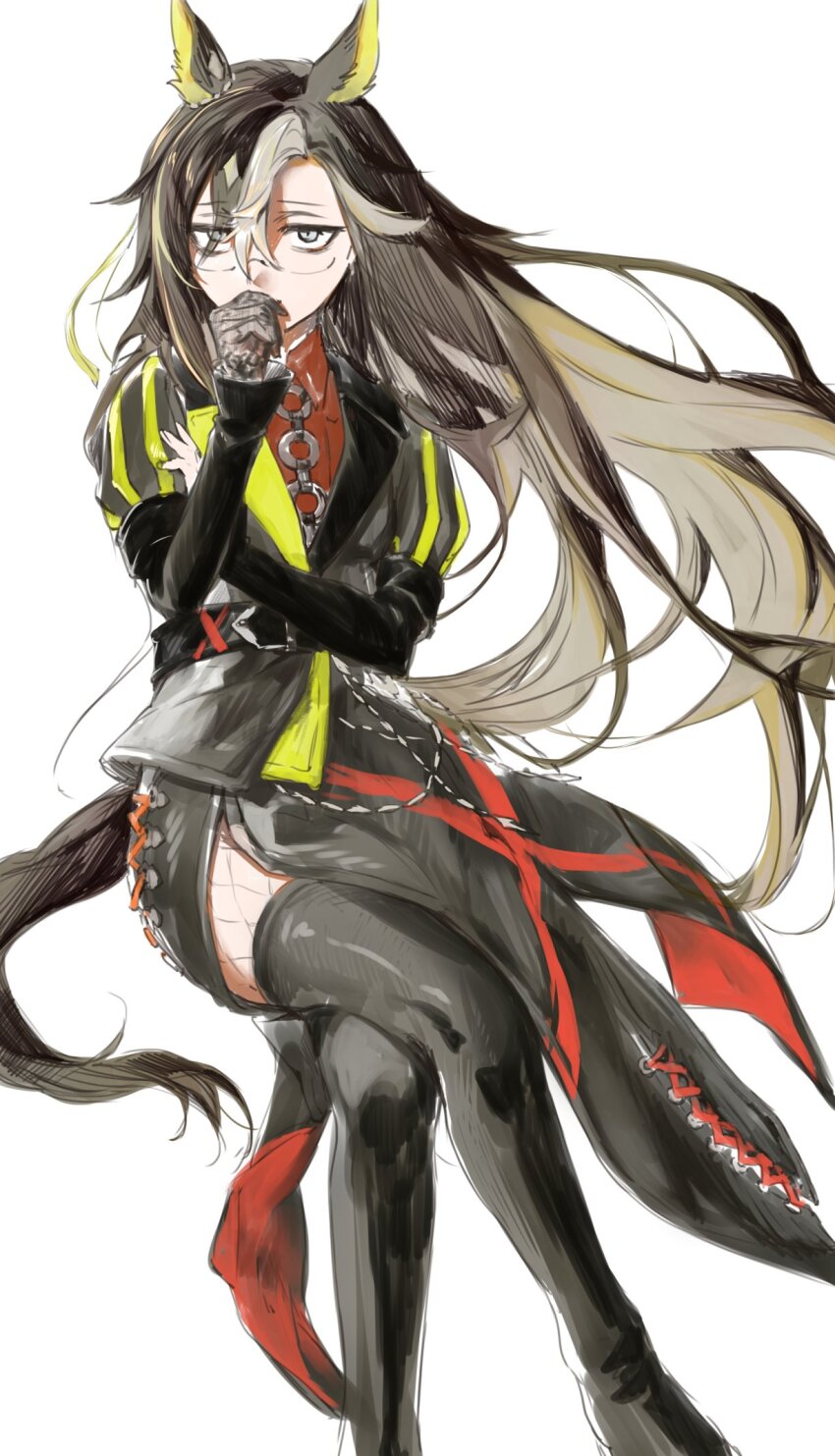 1girl animal_ears black_hair commentary dream_journey_(umamusume) falkosuki fishnet_fabric glasses gloves hair_between_eyes hair_over_one_eye highres horse_ears horse_girl horse_tail lace lace_sleeves long_hair long_sleeves looking_at_viewer puffy_sleeves simple_background single_glove sitting solo tail umamusume white_background