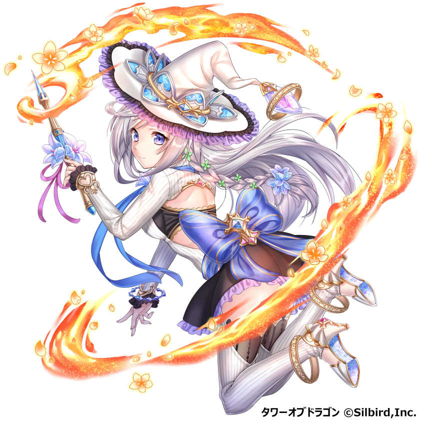 1girl absurdres anklet blue_eyes bracelet braid female_focus fire flower frills hair_flower hair_ornament hat high_heels highres iria_(yumeirokingyo) jewelry looking_back magic miniskirt silver_hair single_braid skirt solo tower_of_dragon wand white_background witch_hat