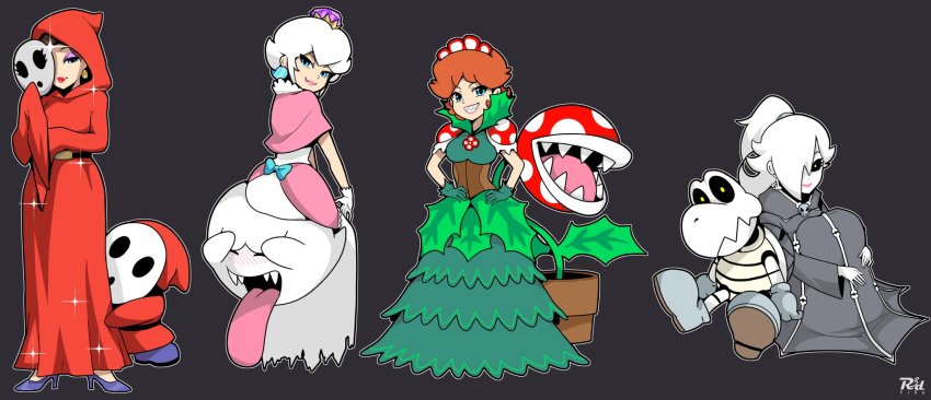 alternate_costume black_sclera blue_eyes boo_(mario) brown_hair cloak colored_sclera crown donkey_kong_(1981_game) donkey_kong_(series) dress dry_bones evil_smile eyeshadow fangs gloves halloween_costume hands_on_own_hips high_heels highres hugging_own_legs makeup mario_(series) mask unworn_mask mini_crown nintendo pale_skin pauline_(mario) piranha_plant princess_daisy princess_peach r3dfive red_cloak rosalina sharp_teeth shy_guy sitting sitting_on_person smile sparkle super_mario_bros._1 super_mario_galaxy super_mario_land teeth tongue tongue_out white_hair yellow_eyes